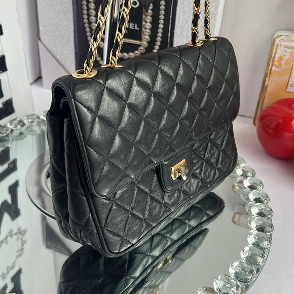 CROUCH & FITZGERALD vintage quilted Lambskin leather black gold chain crossbody - Picture 4 of 11